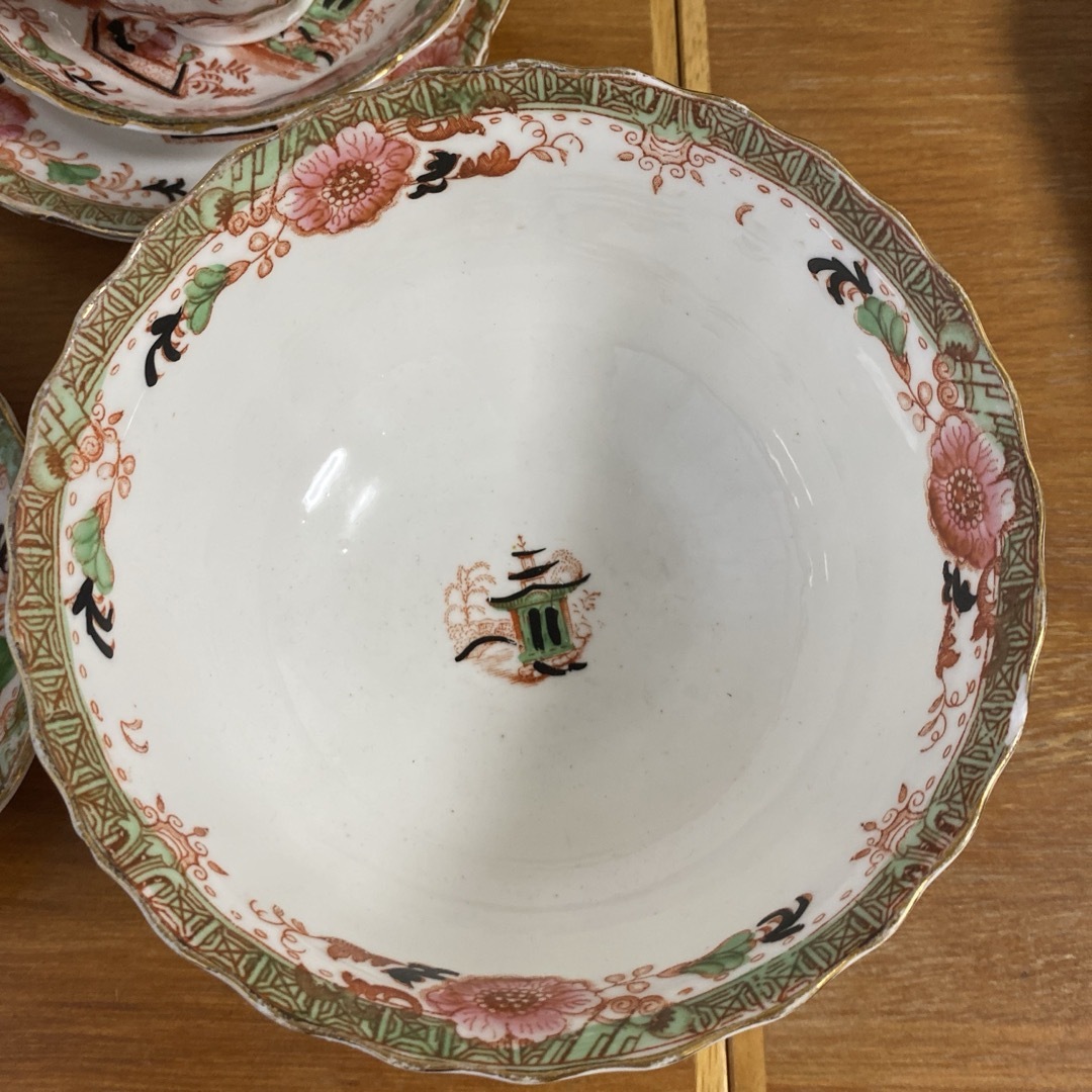 英国窯初期のアンティーク カップ ソーサー プレート シノワズリ c1880