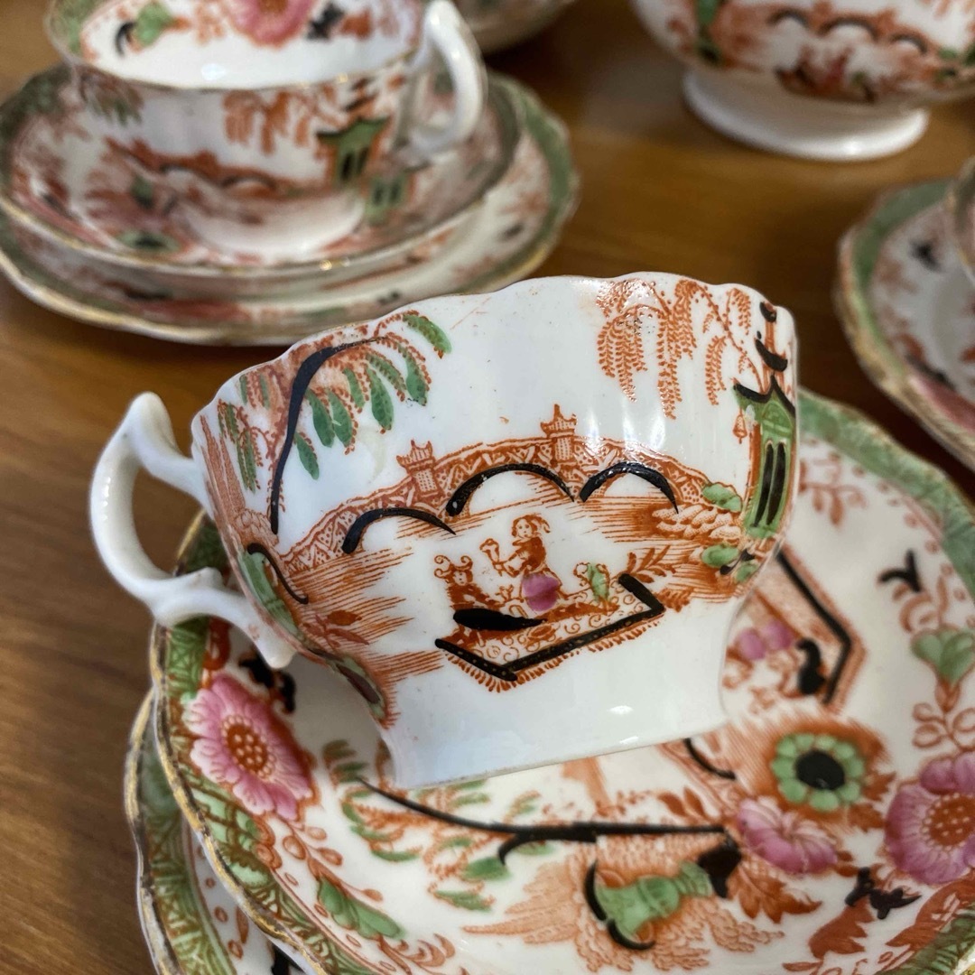 英国窯初期のアンティーク カップ ソーサー プレート シノワズリ c1880