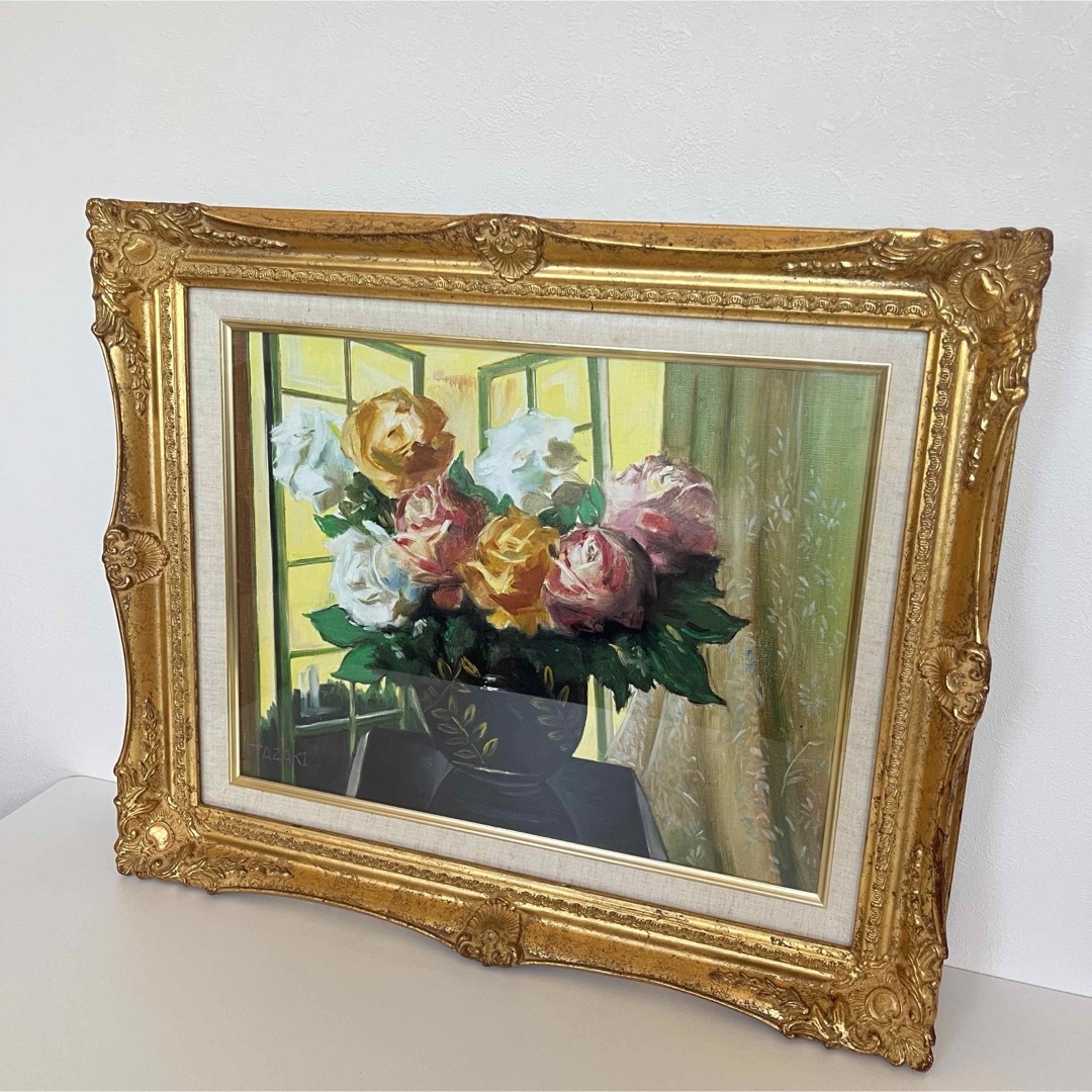 真作 肉筆油絵 窓辺のバラ 田崎順平 F6 額縁 花