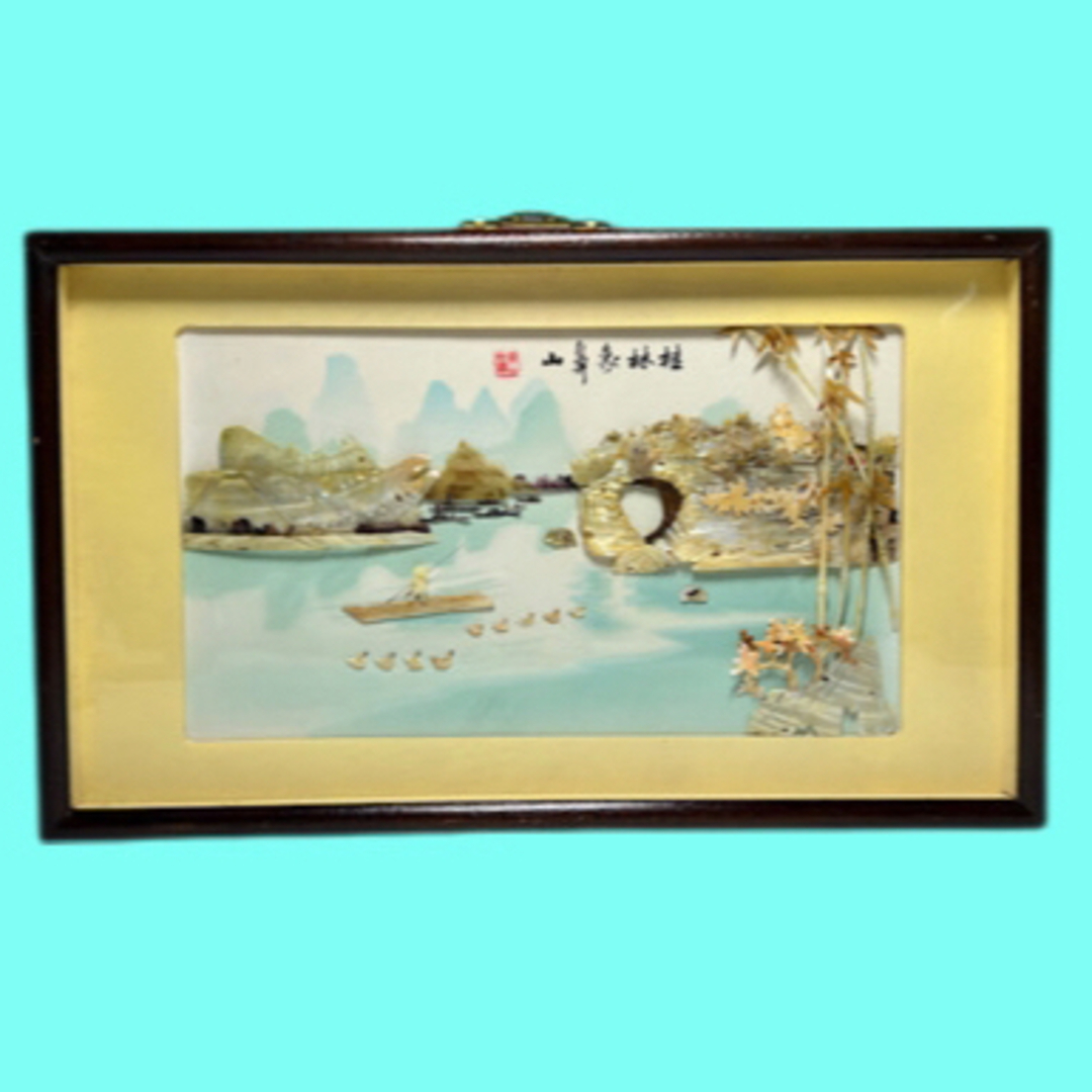 中国工芸 螺鈿画「桂林象鼻山」額装 壁掛け 41×25cm