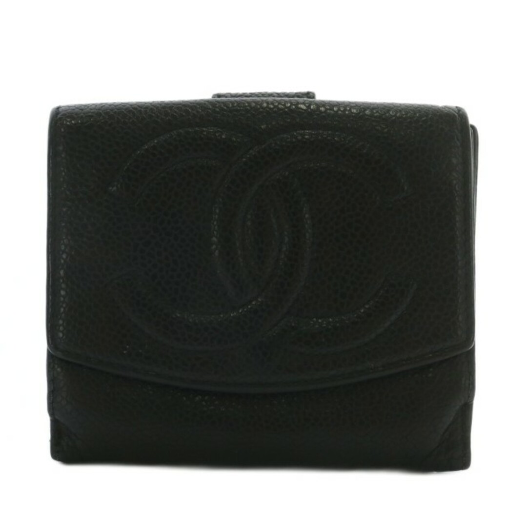 CHANEL / キャビアスキン/Wホック/2つ折り財布/レザー/BLK/無地