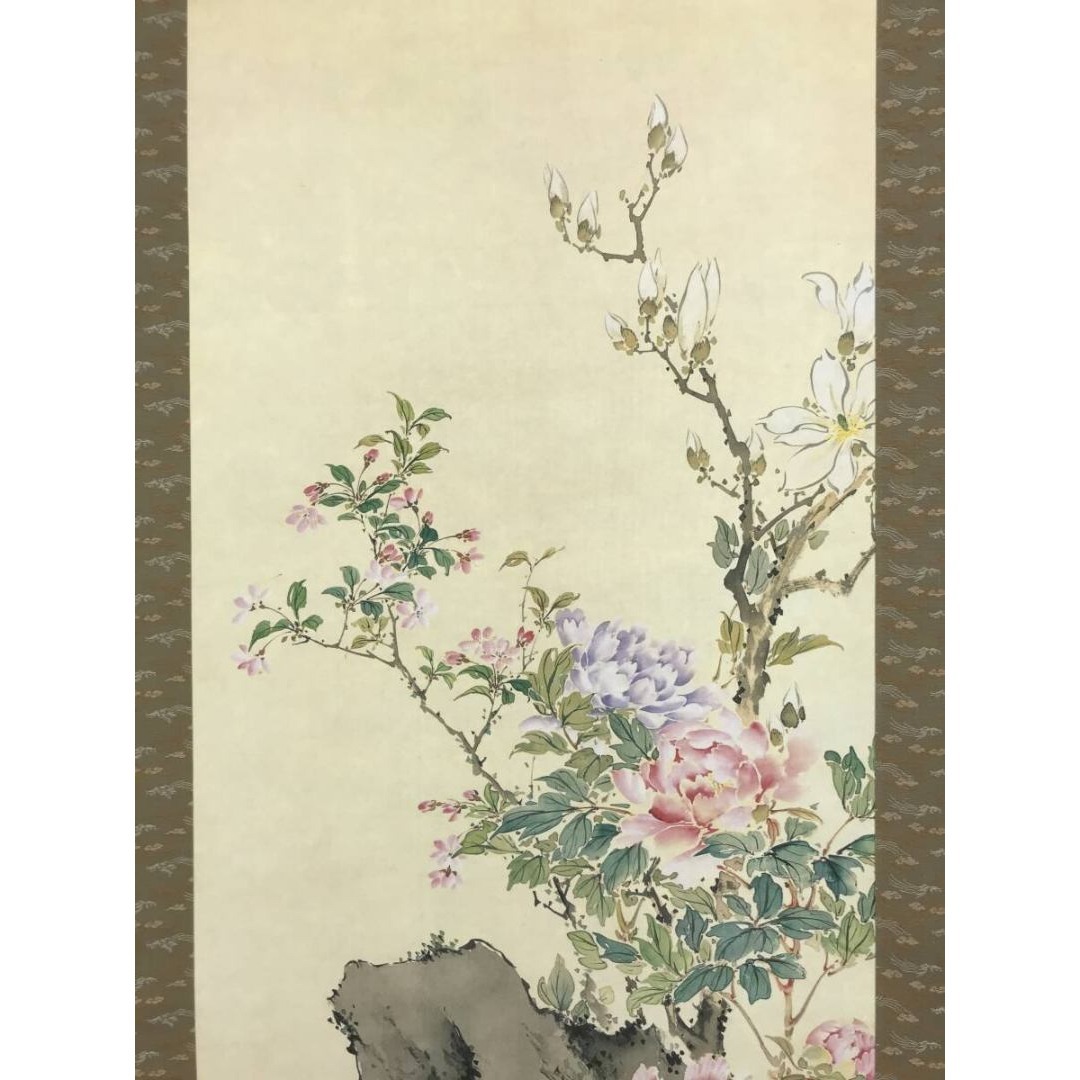 複製/野口小蘋/牡丹図/工芸品/木蓮/花図/花鳥図/掛軸☆宝船☆AK-224の
