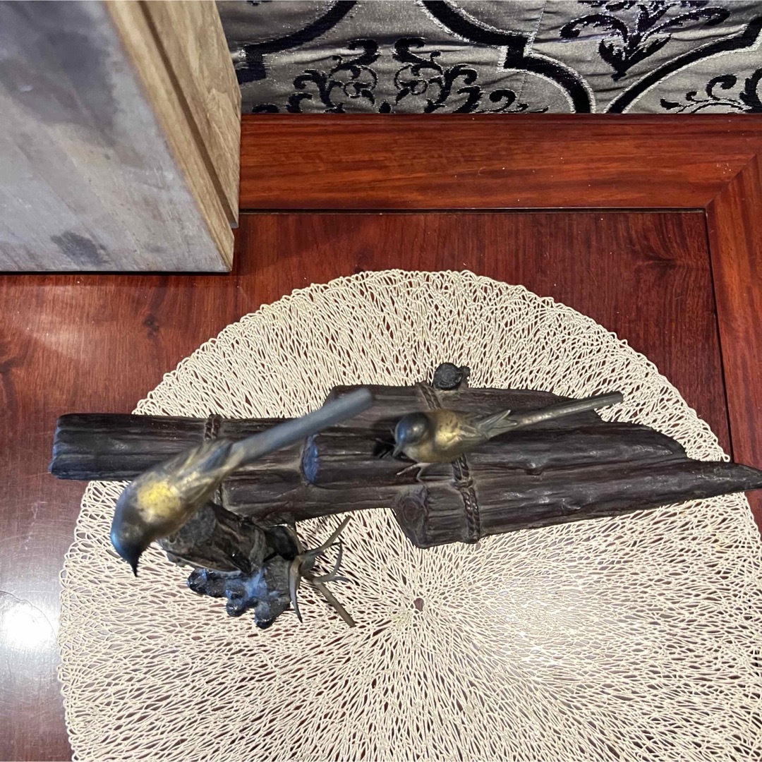 鋳銅製 置物 筏に鶺鴒 いかだにせきれい 筏乗鶺鴒 Japan