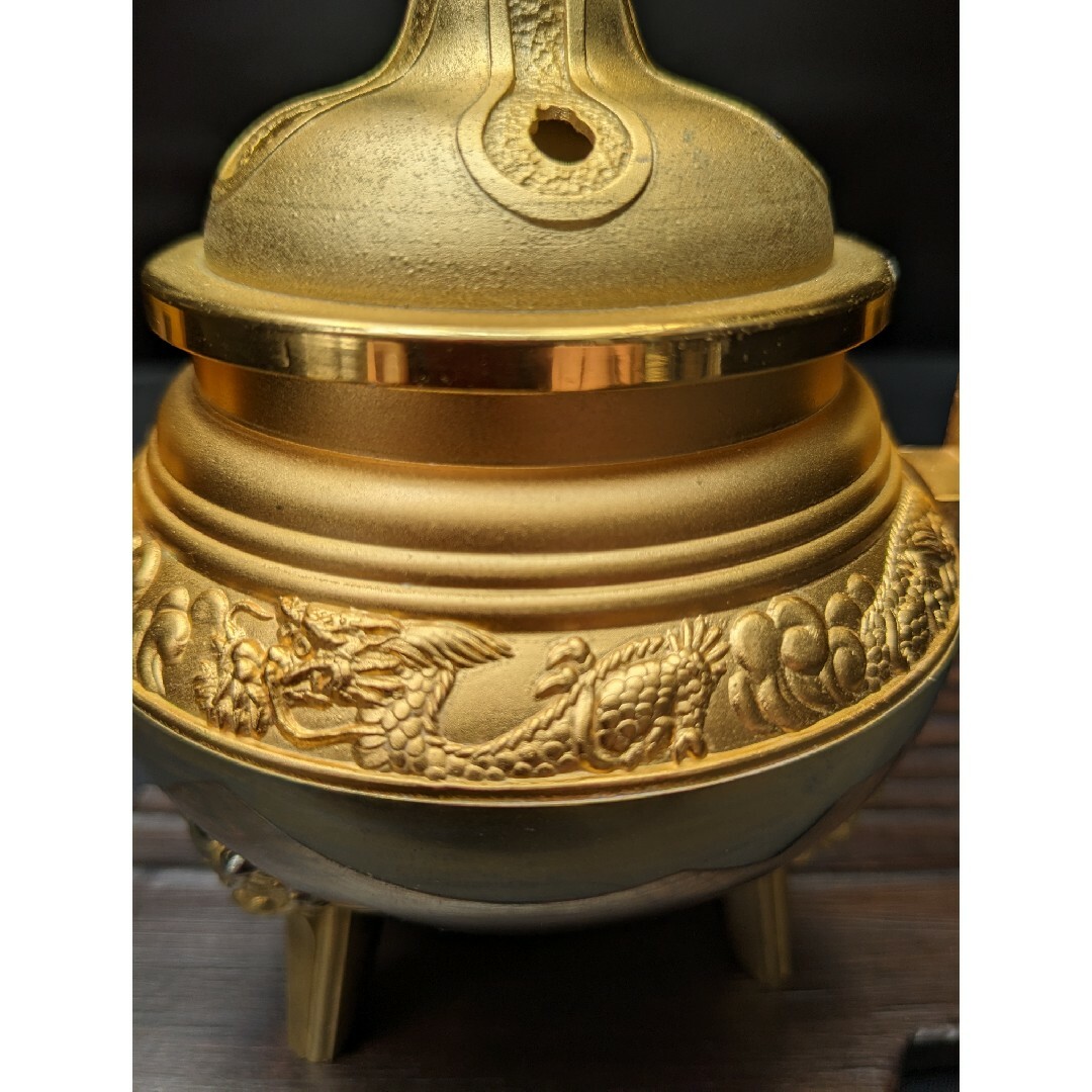 ☆a975、○龍神香炉 金香炉（金メッキ）三つ足 香道具 鍍金 24KGPの