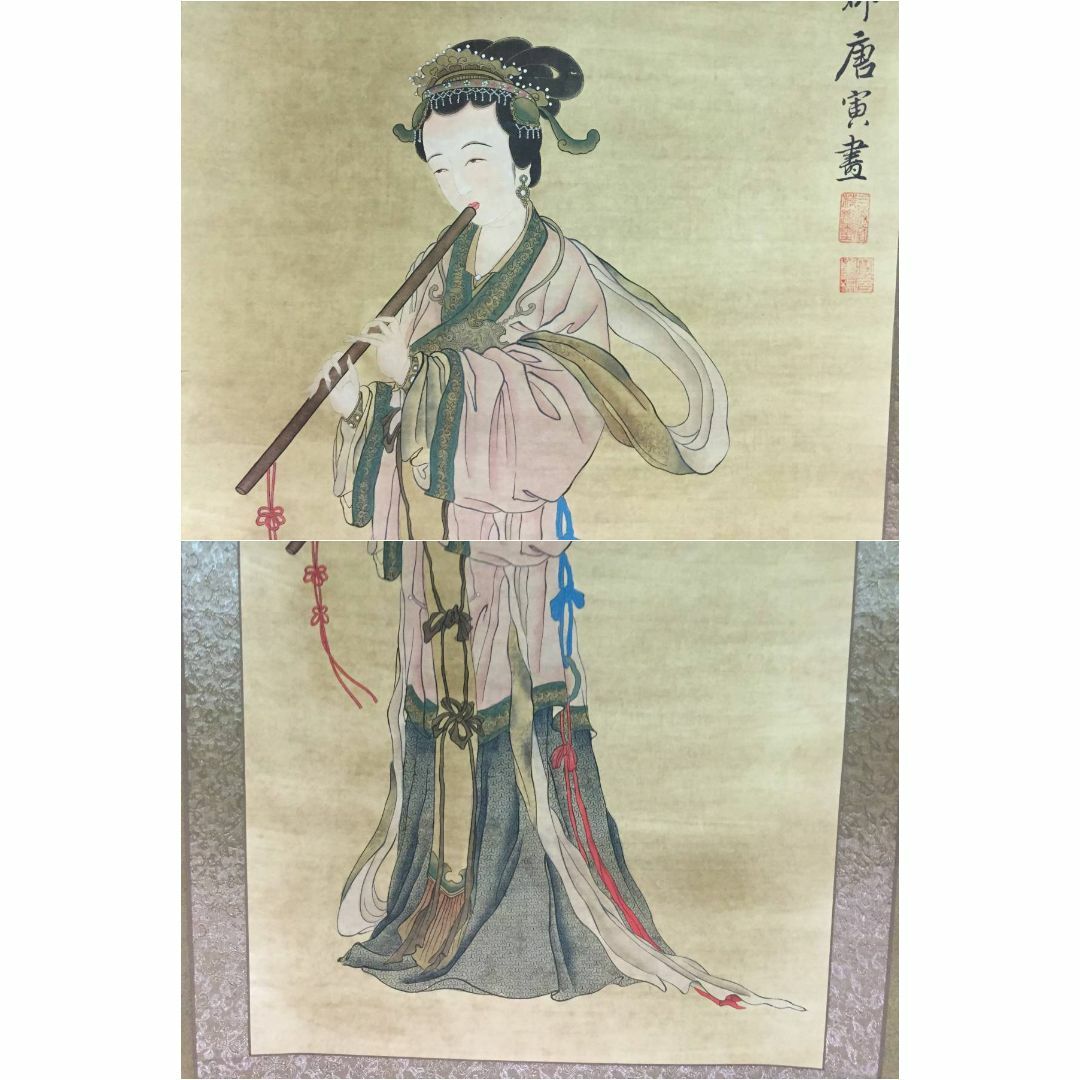 中国古美術・旧藏・明代風・唐寅款・人物図・手描き中堂画・宣紙・掛軸