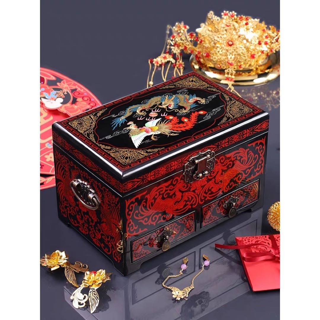 韓国螺鈿宝石箱7牡丹ジュエリーボックス鍵付き2段(パープル) 名刺入