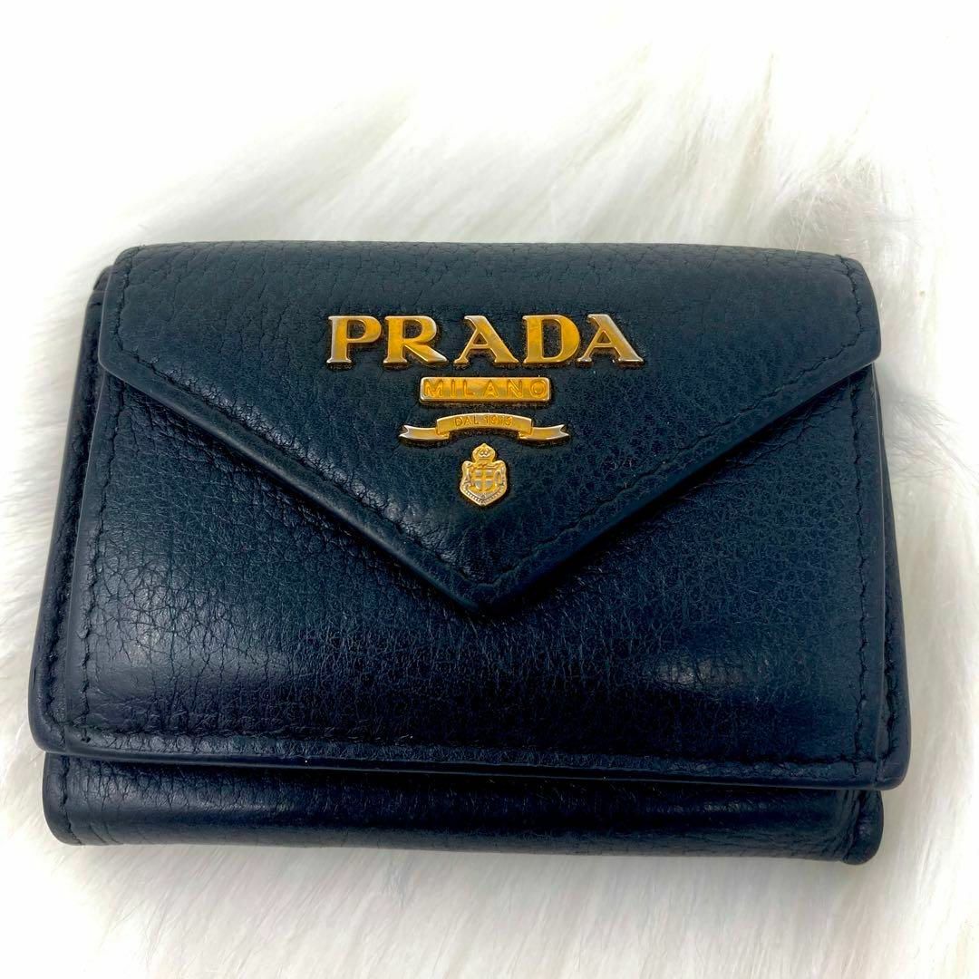 美品】PRADA 三つ折り 財布 ヴィッテロムーブ 青色 ロゴ 金具