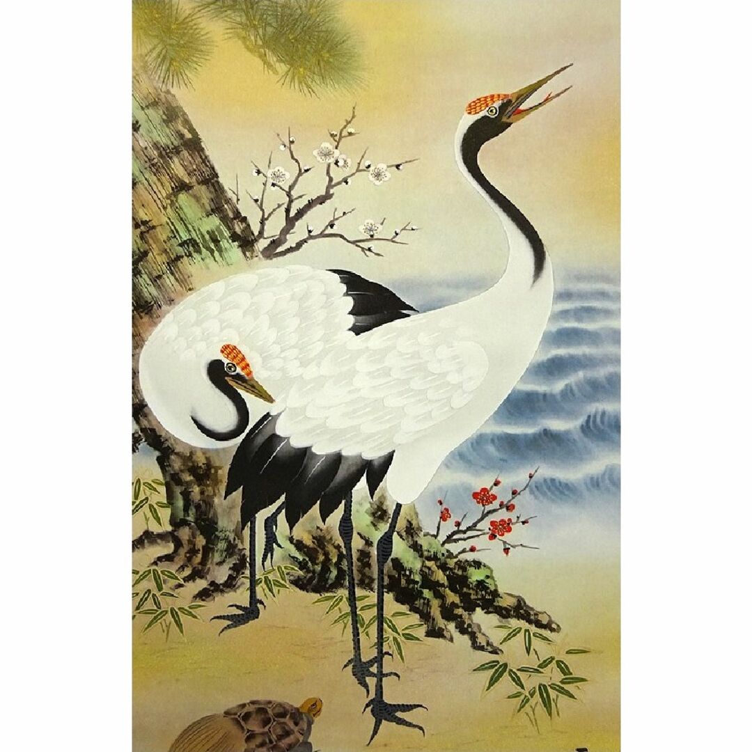 真作】掛軸 太田文暉 春浅し 竹筒水鉢 彩色日本画 二重箱入 U20 真作