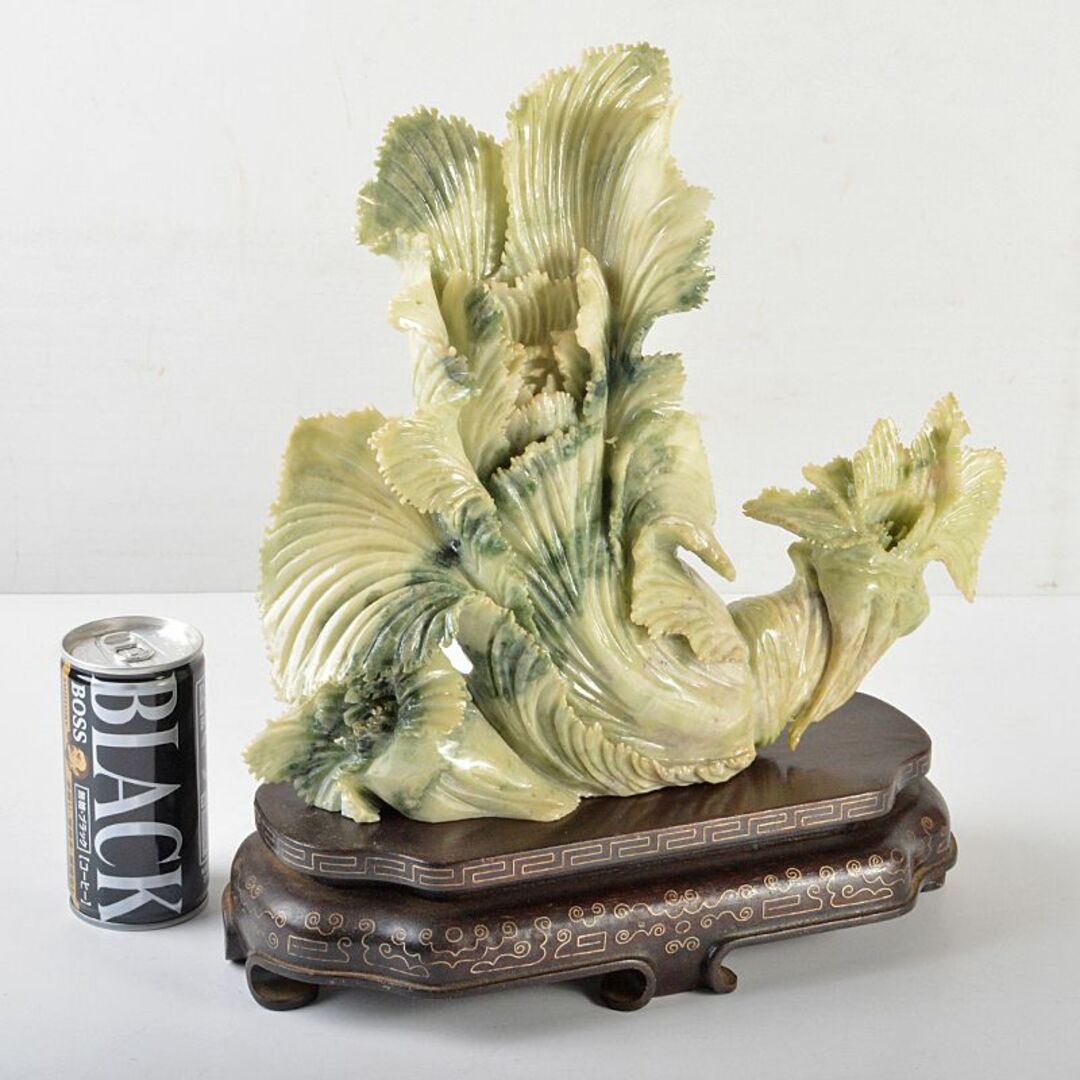 中国 玉石彫刻 花刻 鉢 唐木台付 V R5378 中国 玉石彫刻 花刻