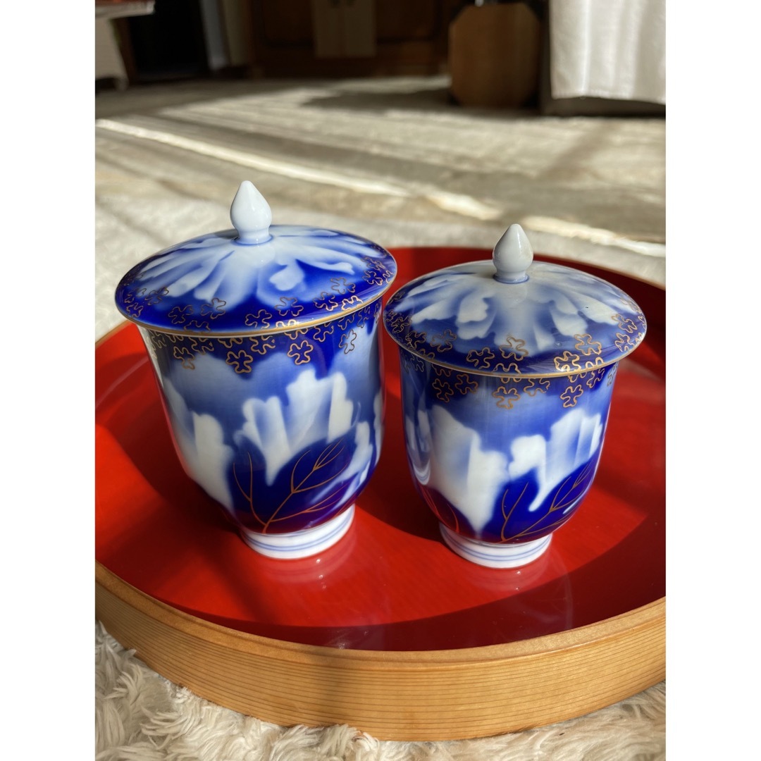 1706 深川製磁牡丹金ミル湯呑蓋付1客皿2客