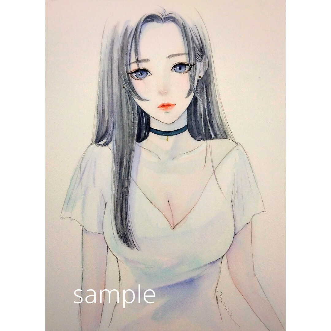 専用 絵画 手描きイラスト ドローイング 水彩画 黒髪 美人画 女の子