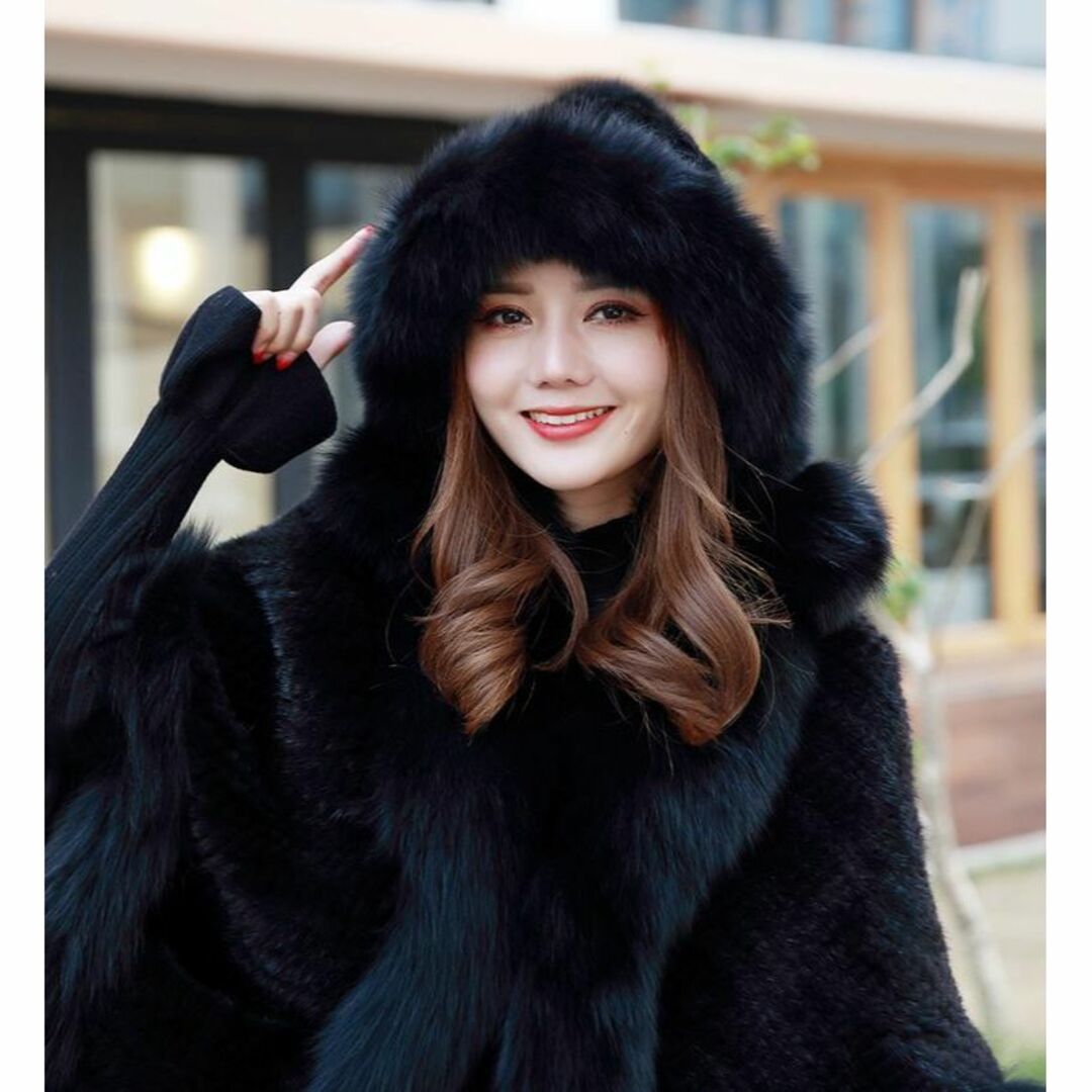 新品限定◇フォックスとミンク編みこみ帽子 ◇ポンポン付き/黒◇毛皮ファー