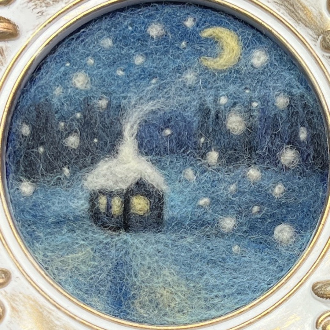 BOXフレーム付き】羊毛フェルト刺繍『大きな満月の夜に』ハンドメイド