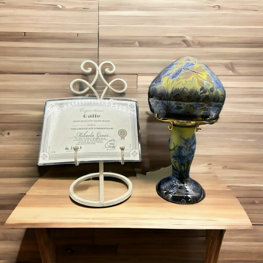 エミールガレ 2灯 山景文 台座真鍮 カメオ彫り 被せガラス 高さ32cm