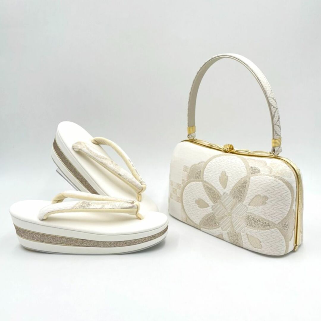 日本謹製 振袖バッグ 草履 セット 高級西陣帯地 モール刺繍アイボリー
