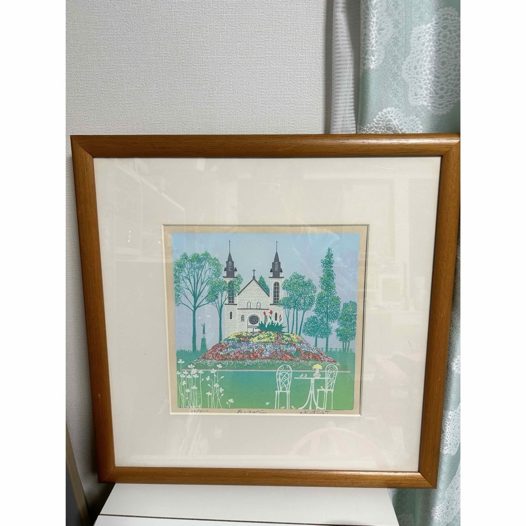 花とチャペル 小鳥 緑 吉岡浩太郎 額付き絵画シルクスクリーン初代 花