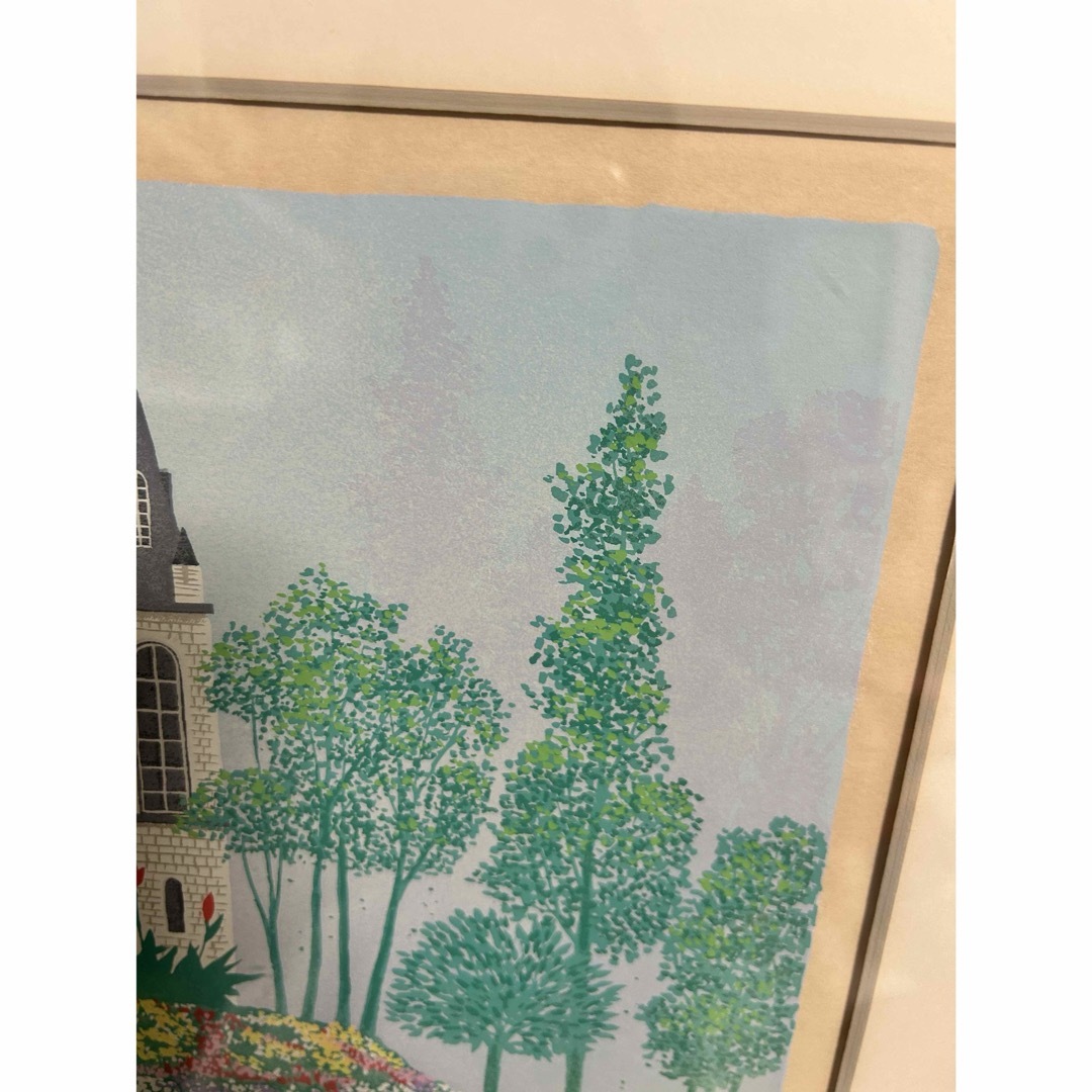 花とチャペル小鳥緑吉岡浩太郎額付き絵画シルクスクリーン初代