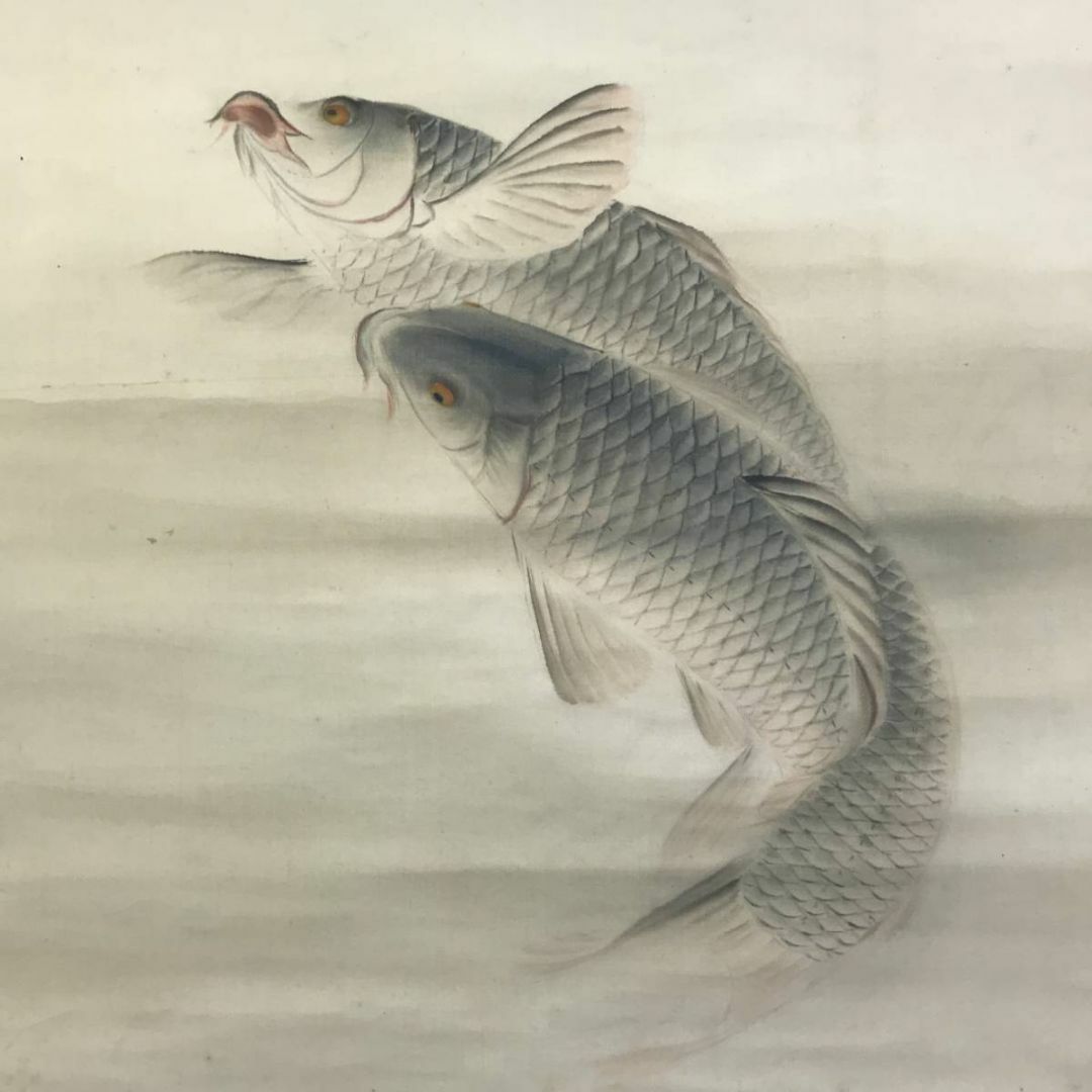 真作】上田陽愷/鯉之図/游鯉図/横物/漆画/掛軸☆宝船☆Y-743JM