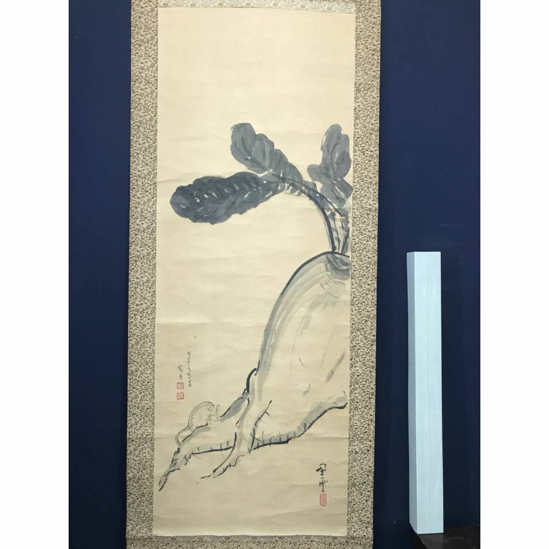 真作/森寛斎合作/二股大根にネズミ図/鼠図/花鳥図/掛軸☆宝船☆AC-347
