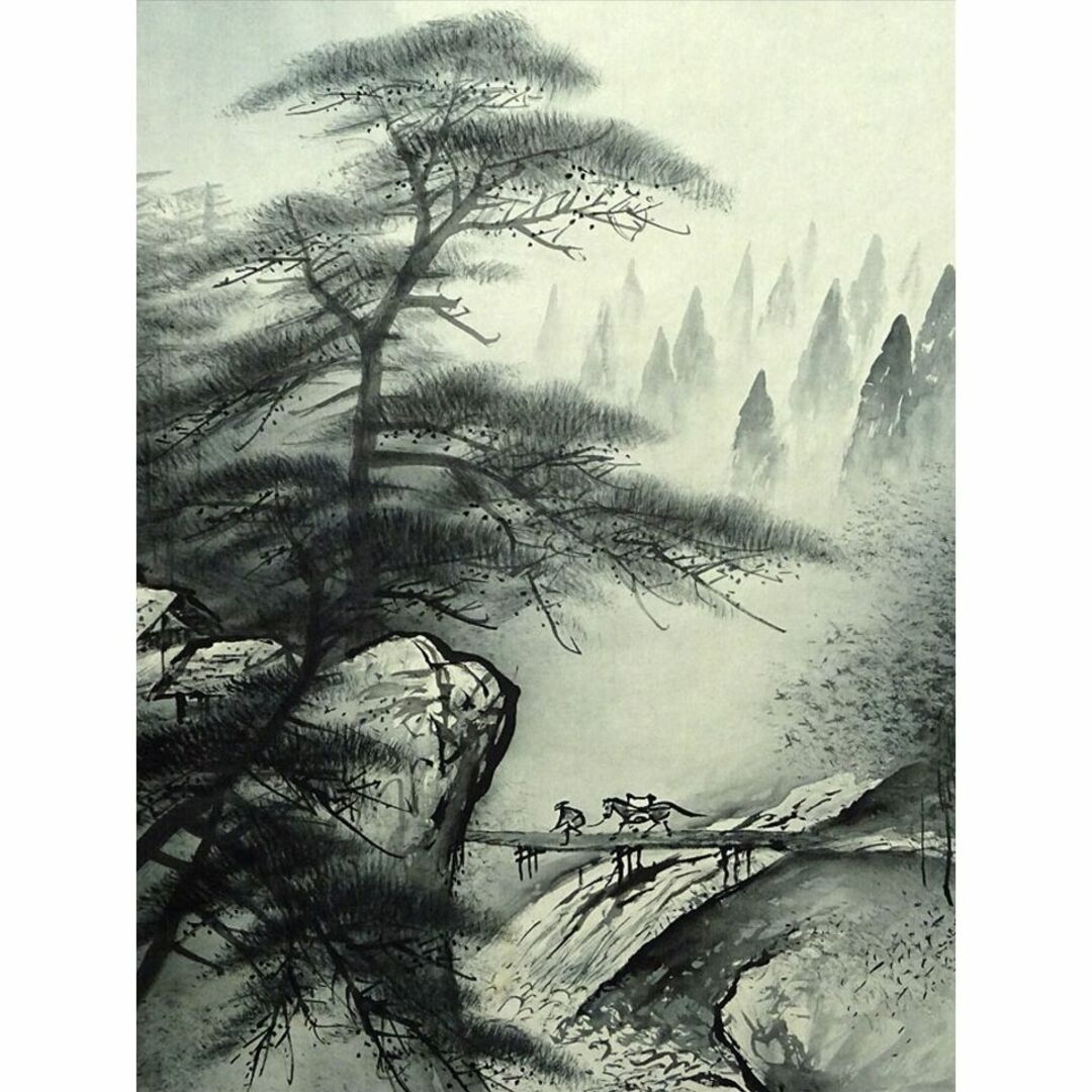 水墨山水 掛軸 秀峰作 在銘 美術品 箱付き コレクション 風景画 先生 日本