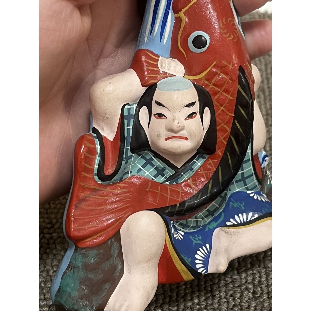 堤人形 鯉の滝登り 佐藤吉夫 飾り台付 仙台 つかみ人形 在銘 土人形