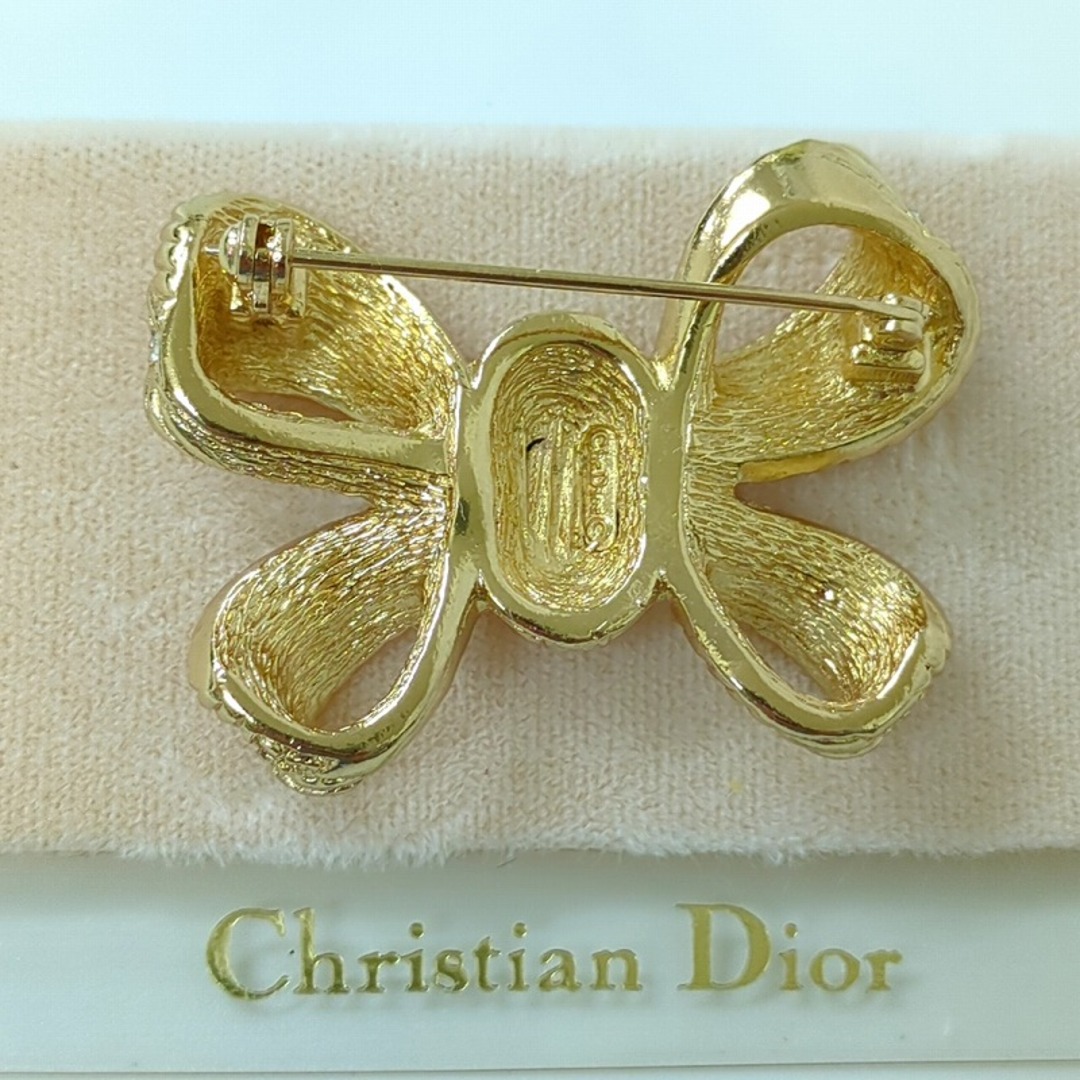 超美品】Christian Dior ブローチ リボン ストーン ロゴ クリスチャン
