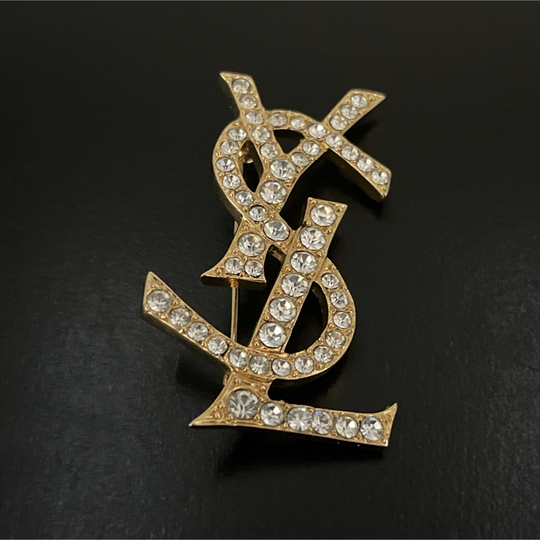 確実正規品 イヴサンローラン ブローチ ラインストーン付 YSLロゴ