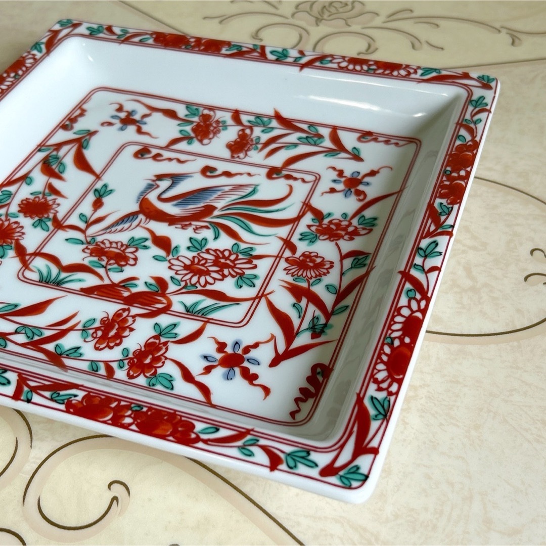 骨董 古伊万里 角皿 輪花 手描き 花鳥図 平鉢 大皿 陶器 飾り皿 骨董