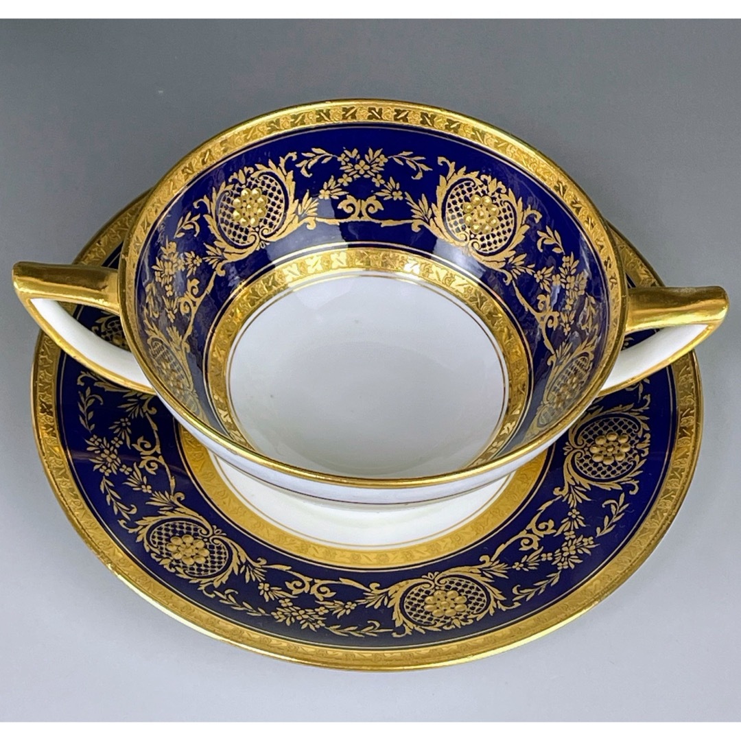美品】オールドミントン コバルト地 金彩 ブイヨンカップ＆ソーサー 金盛り