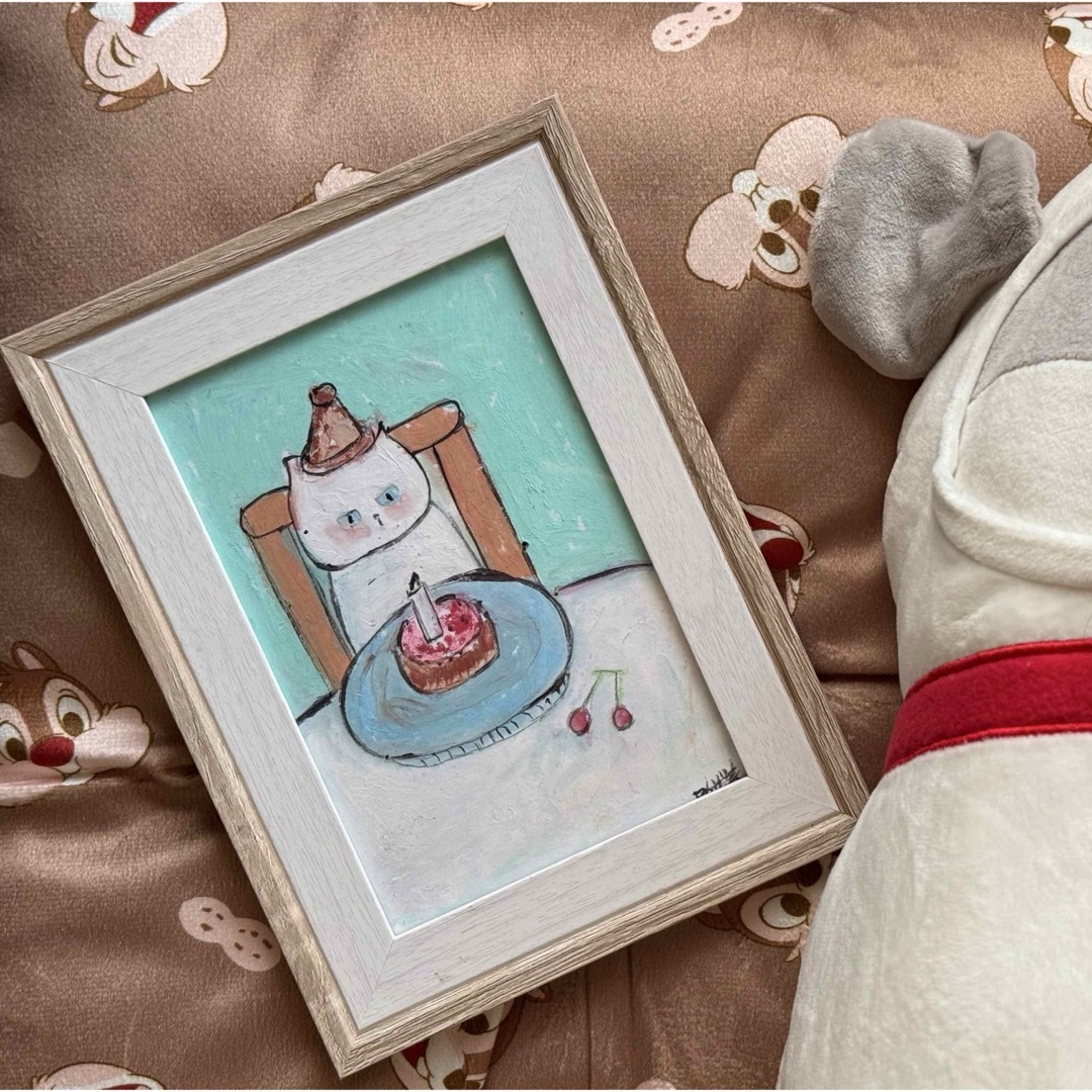 絵画。原画【かわいい白猫の誕生日】
