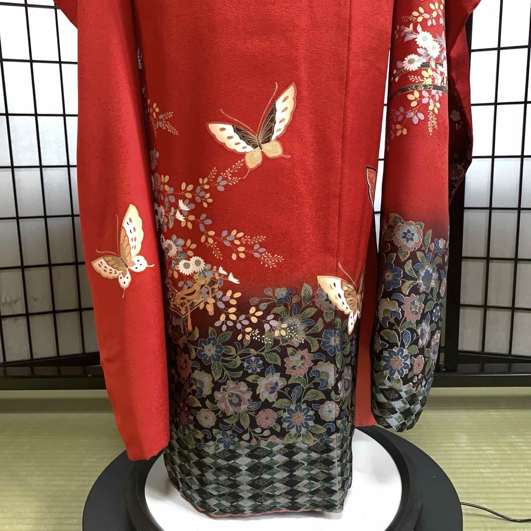 大特価】振袖 6点セット 蝶柄 花車 友禅 身丈166cm 朱赤系 金糸