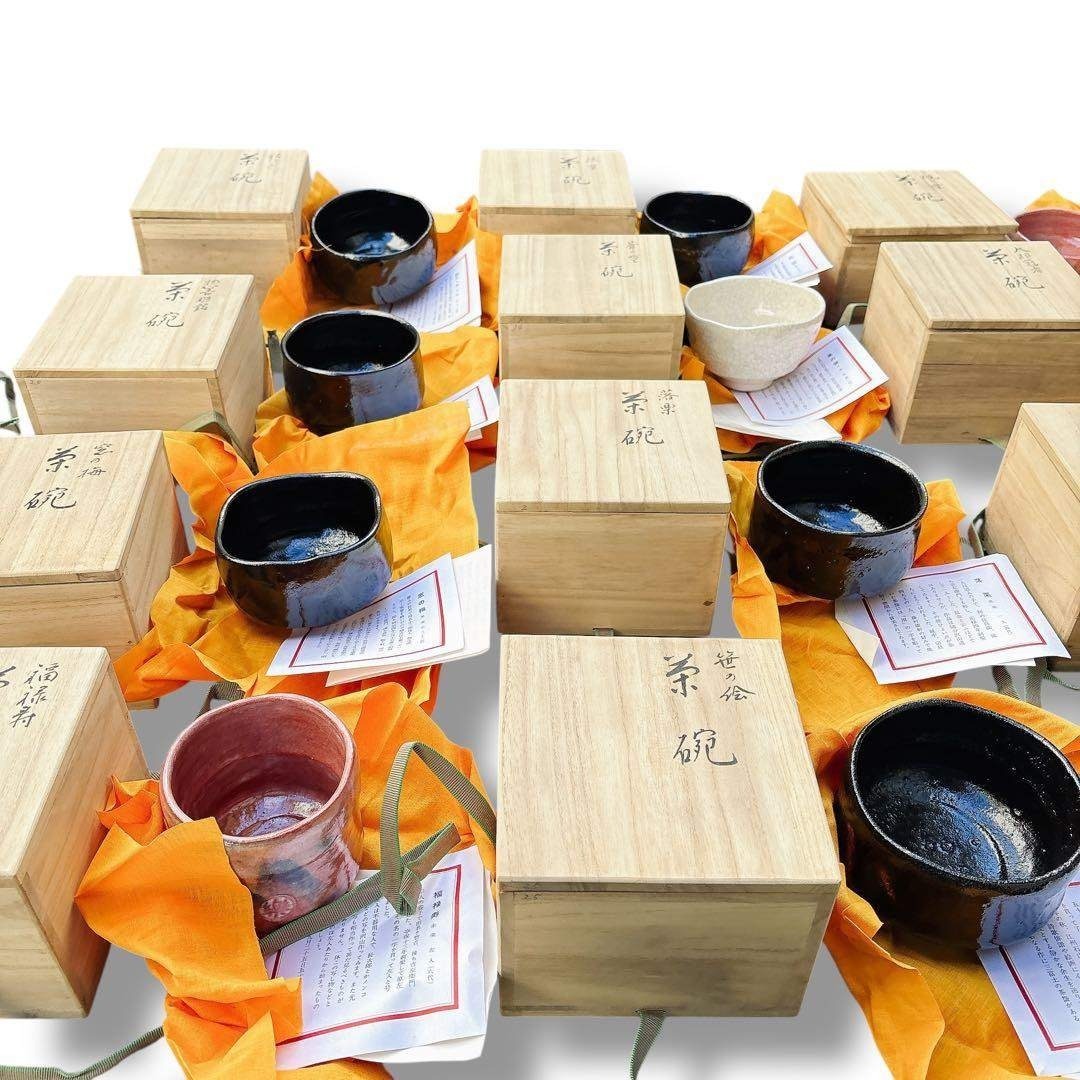 新品未使用品 祥悦 骨董 茶碗 木箱入 11客 黒楽 赤