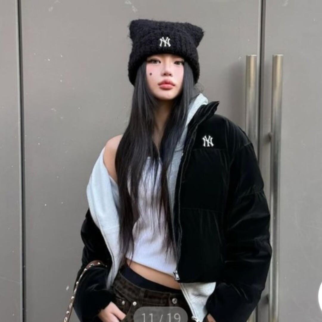 MLB - 【新品】MLB 韓国限定 ビーニー 猫耳 ニット帽 カリナ着用 黒 紐