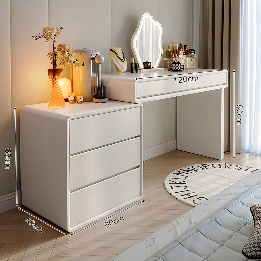 ドレッサー メイク台 鏡台 三色LEDミラー付き サイドテーブル付き 伸縮