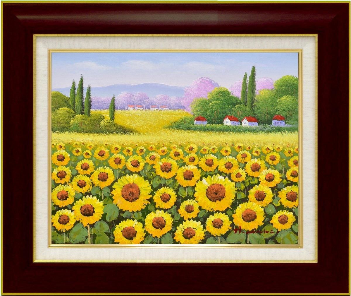 絵画 インテリア 絵 額付 (銀) 油絵 F4-080311 風景（畑と木） 絵画