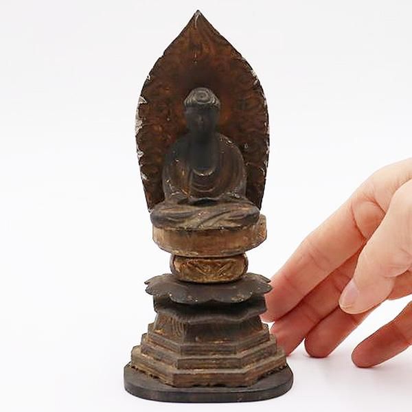 木彫 阿弥陀如来 坐像 台座 光背 小型 時代物 骨董 仏像 訳あり 木彫
