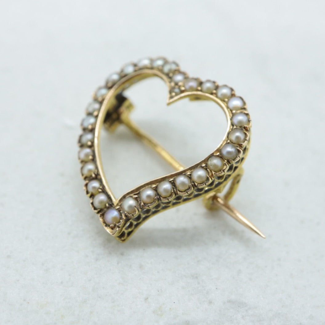 フランス18ctゴールド＋シードパール アンティークブローチ Heart