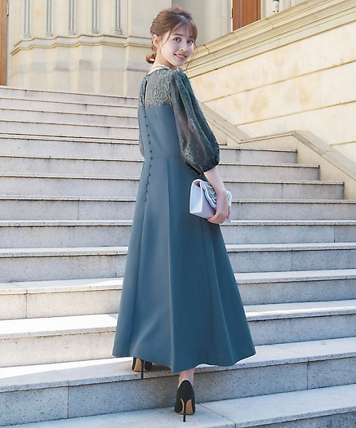 レース切替パフスリーブ フレア パーティードレス スモールサイズ