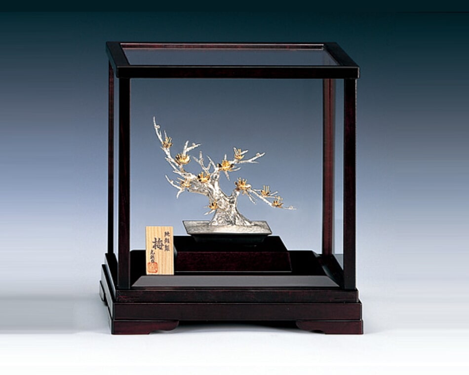 純銀製 シルバー 光則作 梅 盆栽モチーフ 置物 オブジェ 和風