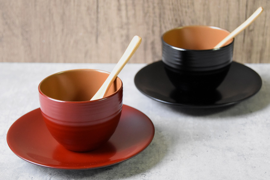 カップ＆ソーサー スプーン付 黄/青/黒/朱 漆塗り 漆器の井助