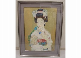 美品 掛け軸 日本画家 白鳥映雪筆「古城惜春」 桜 縁起物 美人画