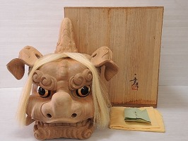 未使用 木彫 獅子頭 横山一夢作 木製 獅子 置物 共箱 説明書 作家