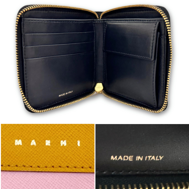 マルニ レザー ラウンドファスナー二つ折り財布 黄色×ネイビー MARNI