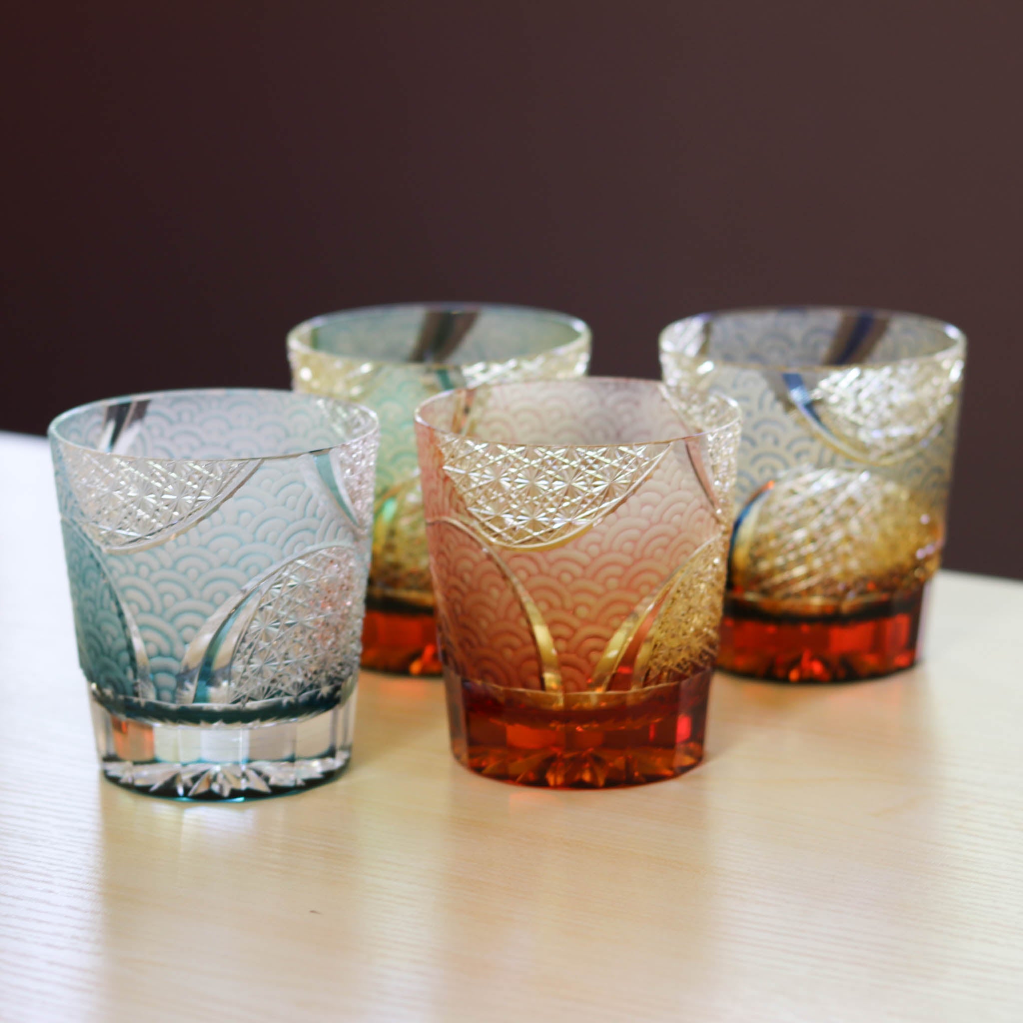 江戸切子 ロックグラス｜波動｜琥珀 グリーン｜山田硝子