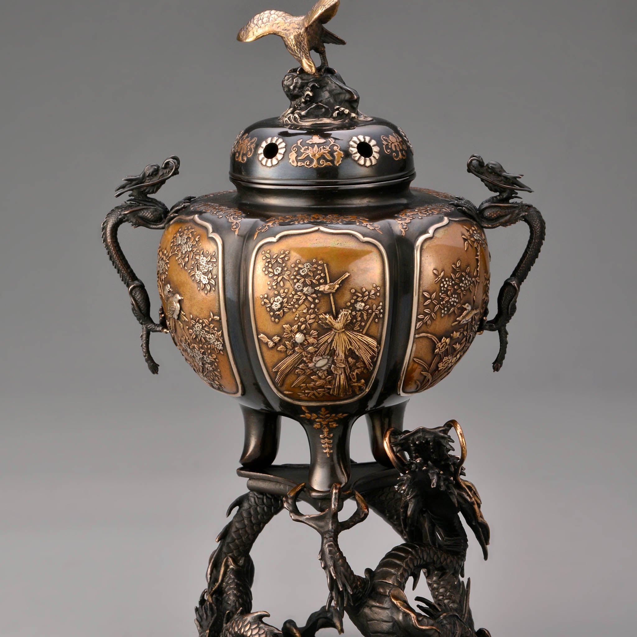 高岡銅器 香炉 | 菊割 龍台付 彩色 | 銅 | 喜泉堂