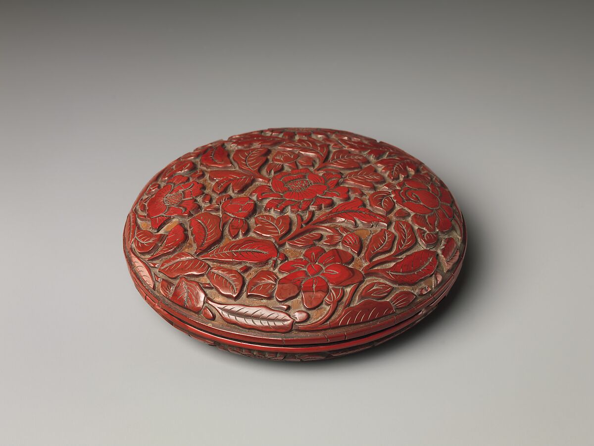 中国 堆朱 堆黒 内七宝 花文 重香合 M R5962 夢工房】時代堆
