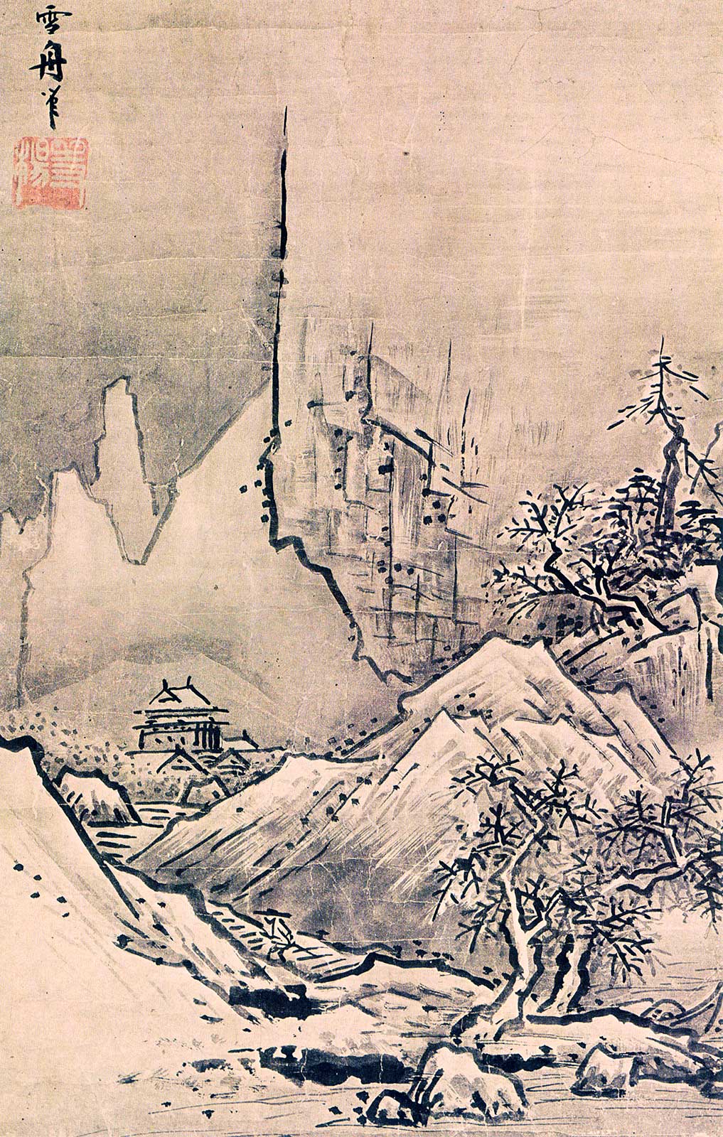 旧家出品】雪舟 「秋冬山水図」 掛軸 東京国立博物館 正式許諾 限定E.A