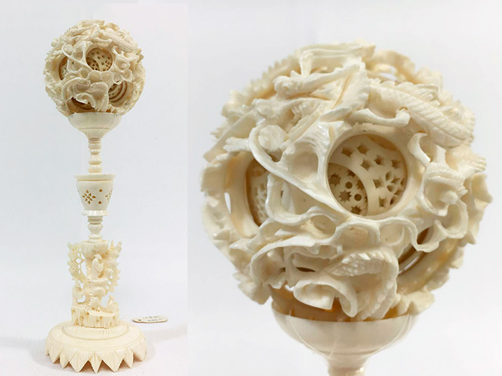 本象牙置物 天球龍彫刻 象台座 約20層