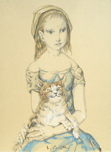 藤田嗣治「猫を抱く少女」水彩5号 藤田嗣治 模写 水彩肉筆画 P6