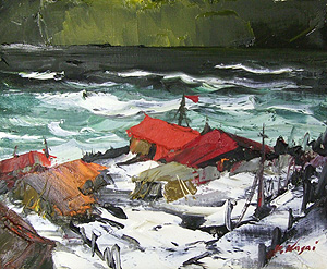 葛西四雄「漁村」油彩3号